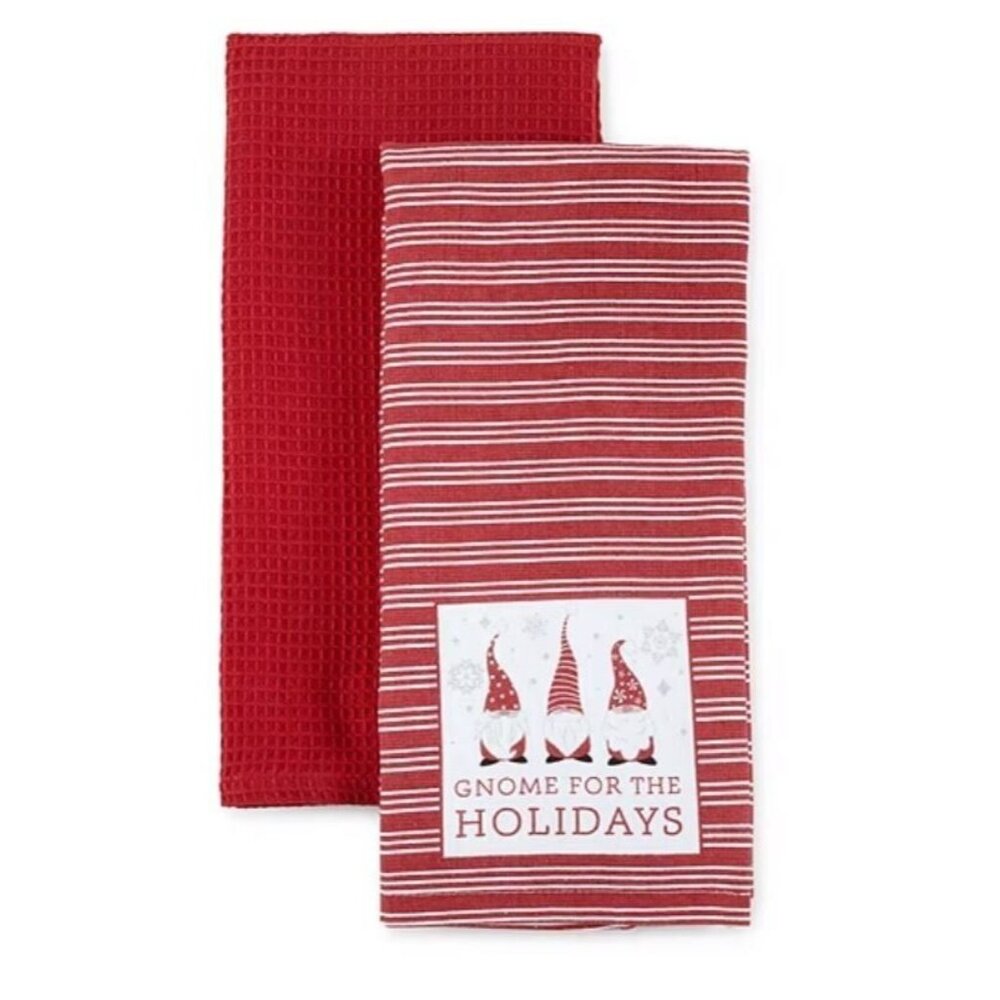 Red Holiday Christmas Gnome For The Holidays Kitchen Dish Tea Towels 2 Pack NWT